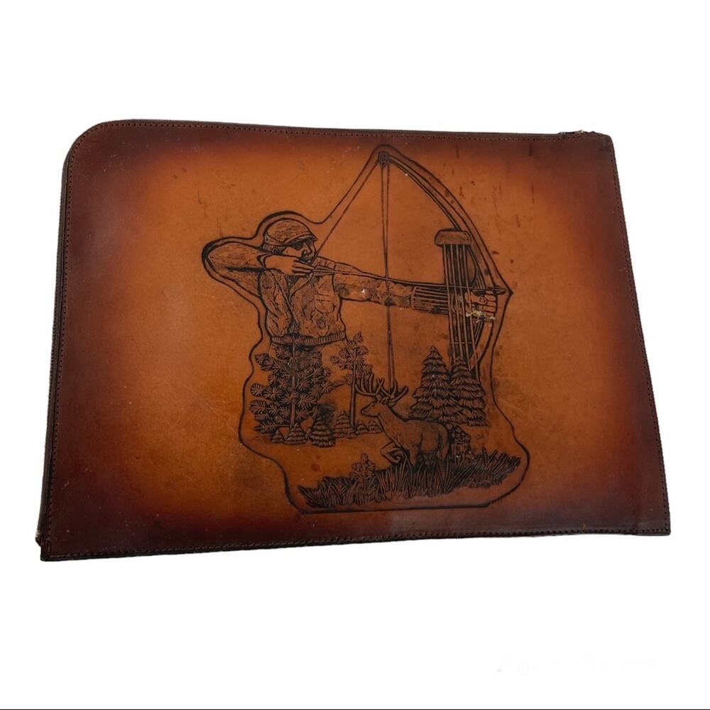 Vintage Large leather zipper bag bow deer hunter